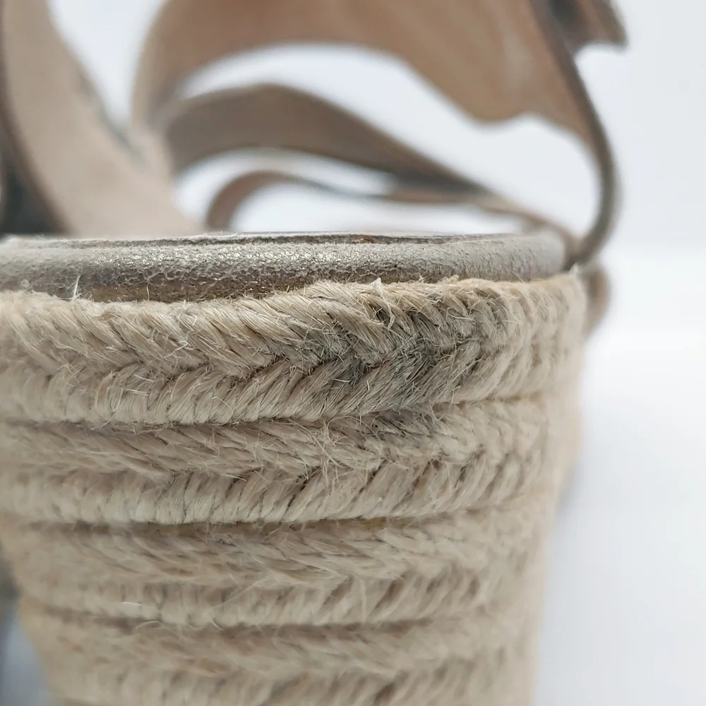 Eileen Fisher Beckon Metallic Suede Espadrille Wedge Sz 7.5 Asymmetrically Strap